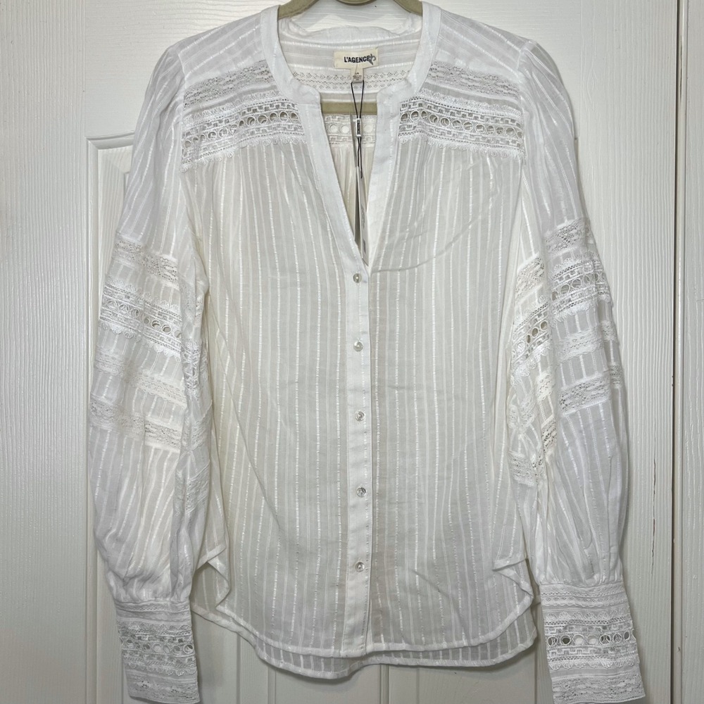L'AGENCE Kiera Lace Inset Button Down Blouse Balloon Sleeve Boho Top - Picture 3 of 12
